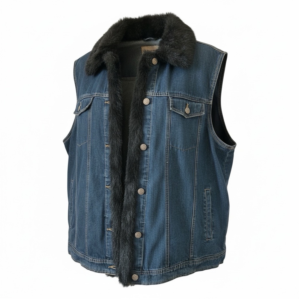 MARVIN RICHARDS Denim Vest with Distinct Dark Faux Fur Collar 2X